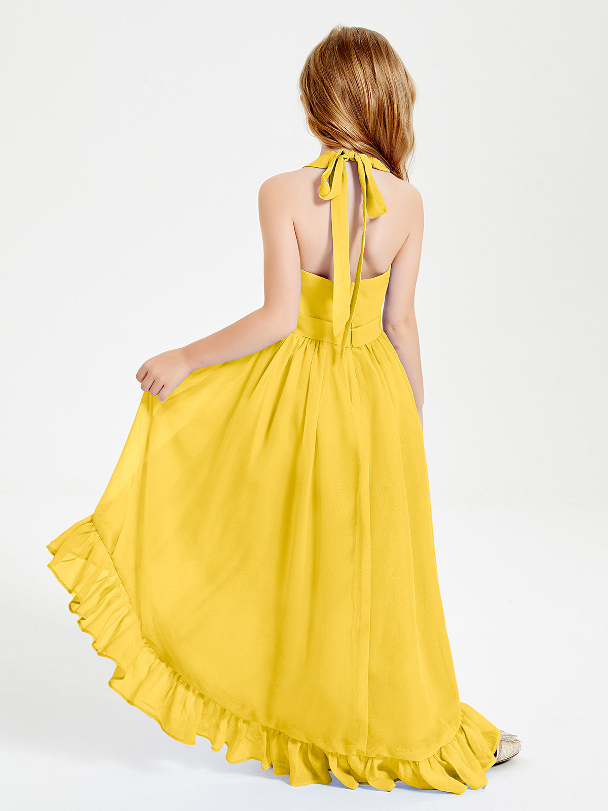 Boho Junior Bridesmaid Dresses Asymmetrical Cascading Skirt Marigold